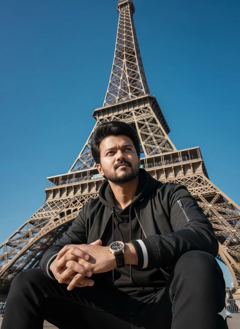 Cinematic low-angle portrait with Eiffel Tower background - Example 1