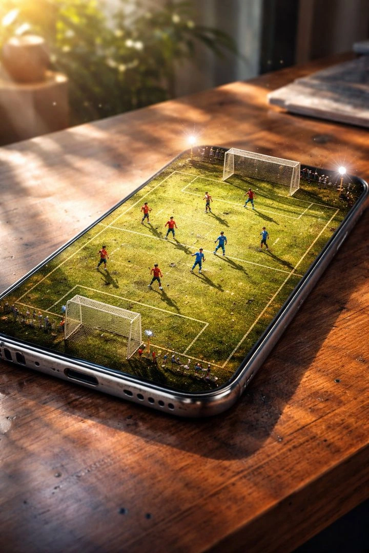 Cinematic miniature football stadium on smartphone screen