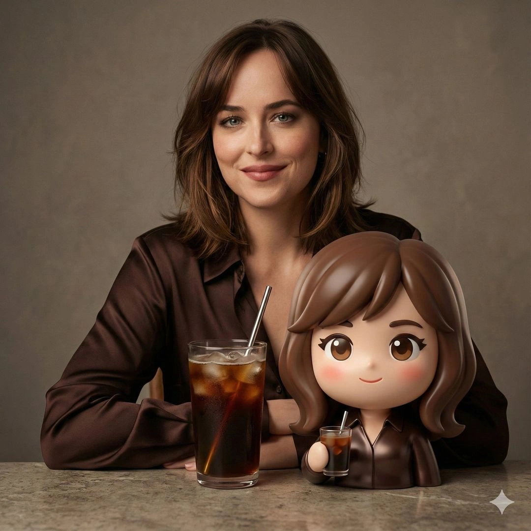 Cinematic portrait with chibi figurine in evening café