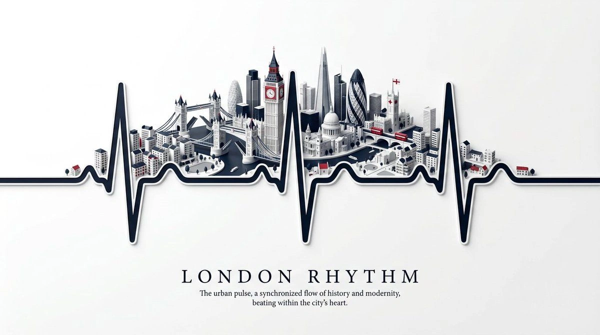 City Pulse Line: ECG Waveform with Miniature 3D Urban Skyline