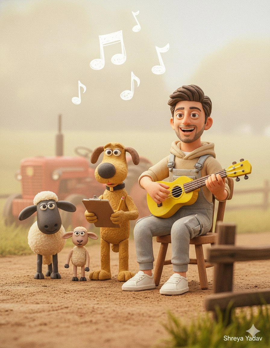 Claymation Scene with Shaun the Sheep Characters and Musician