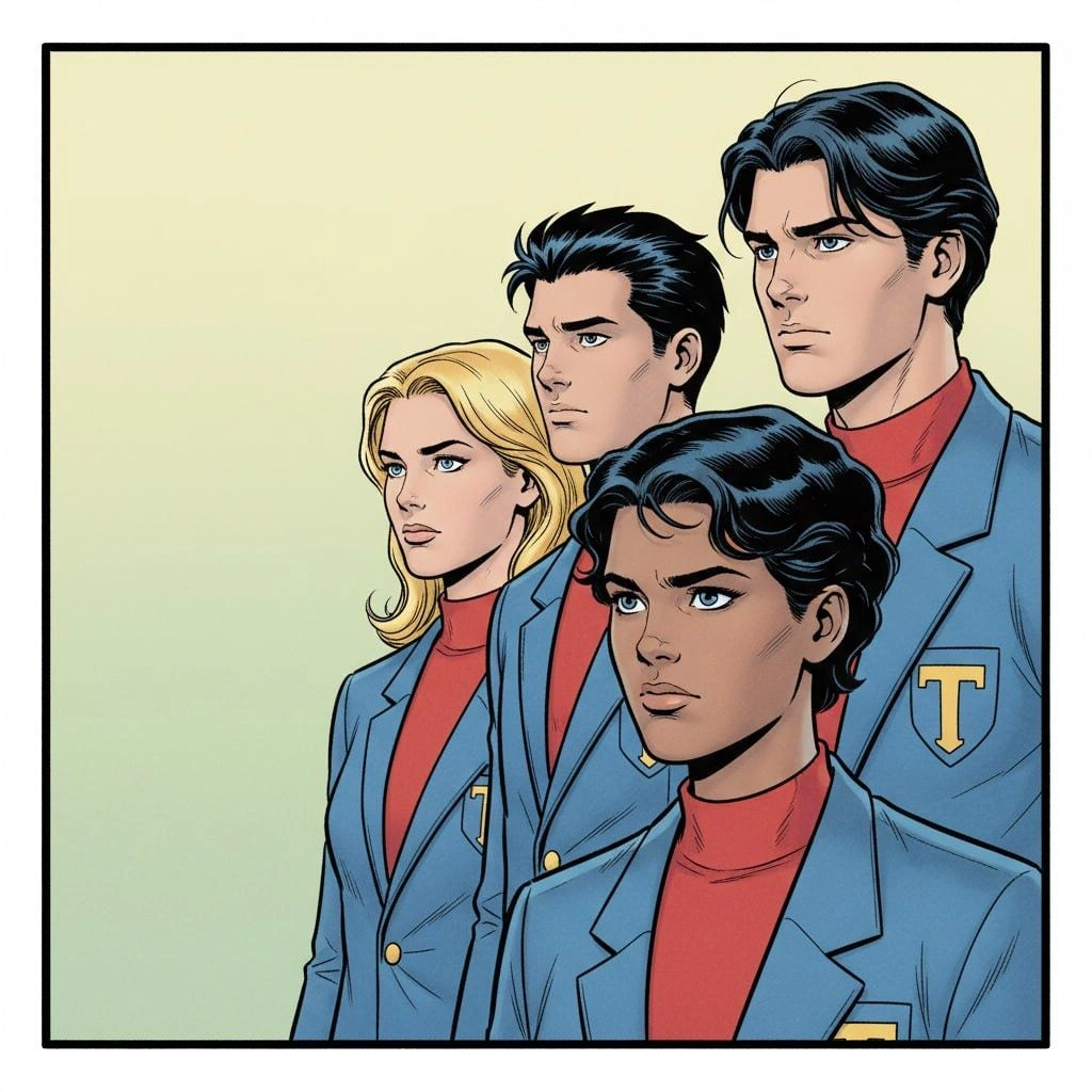 Comic book panel of four determined team members in uniforms