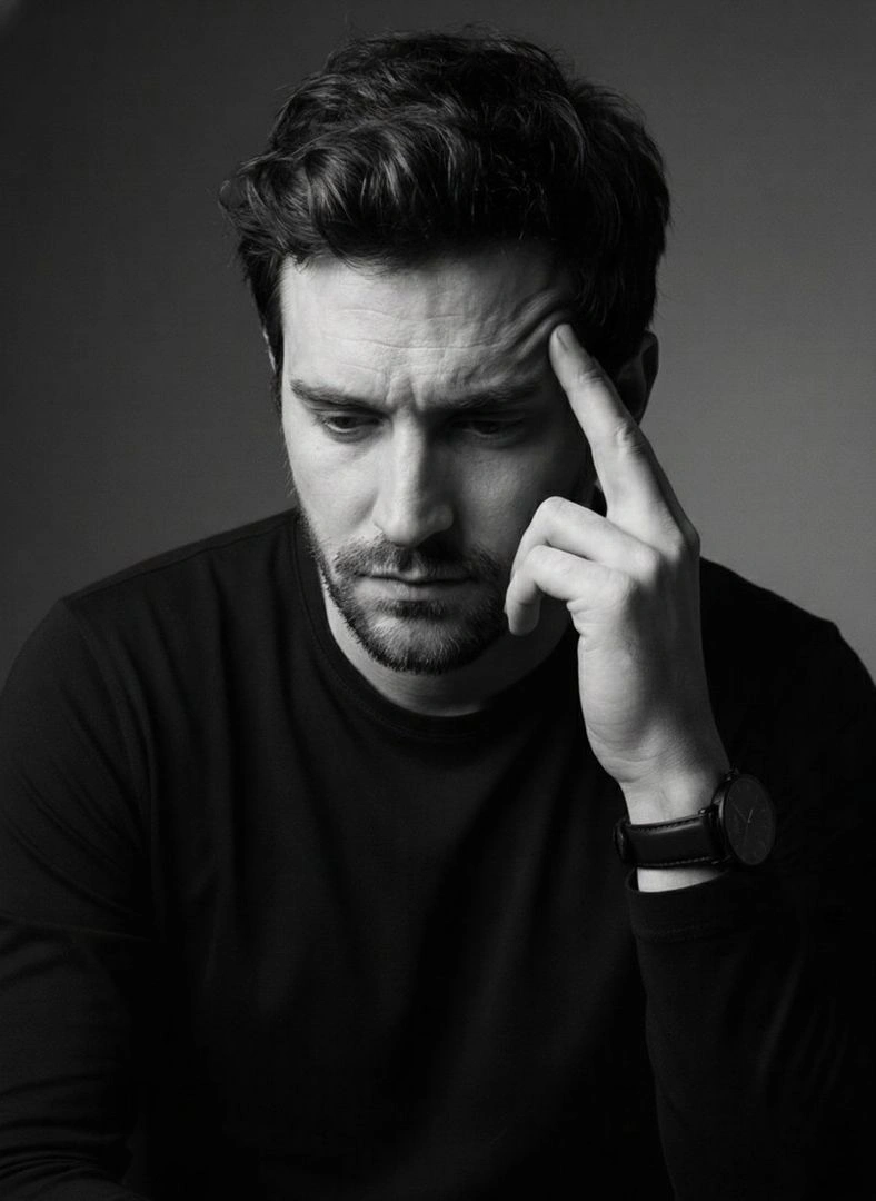 Contemplative Man in Monochrome Studio Portrait - Example 1