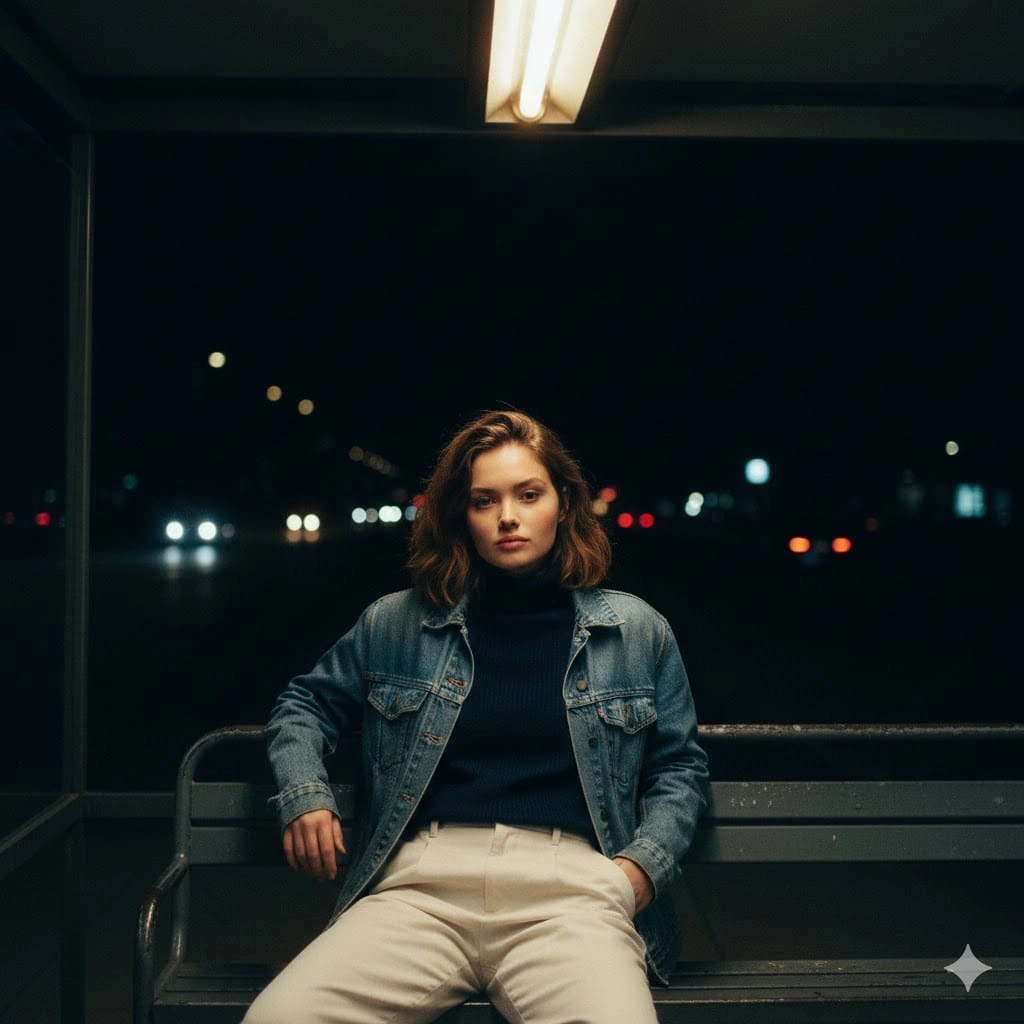 Contemplative Woman at Night Bus Stop