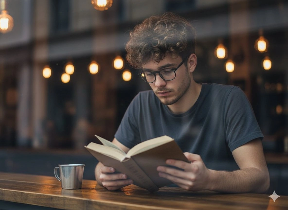 Cozy Cafe Reading Moment with Reflective Window - Example 1