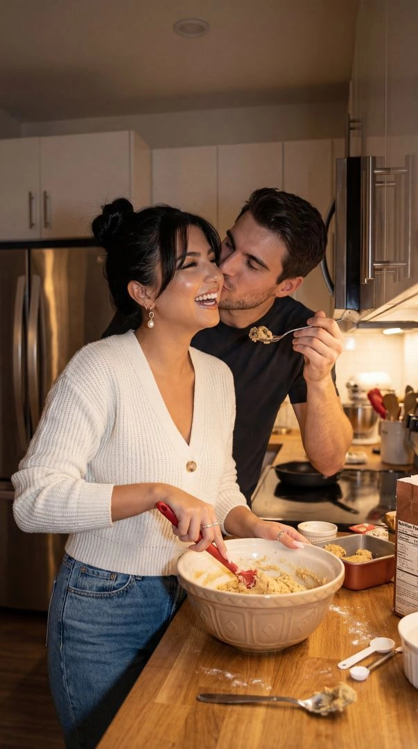 Cozy Kitchen Couple Baking Together at Night