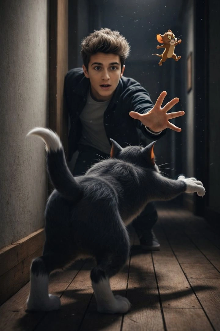 Determined Man Catching Jerry Mouse with Tom Cat in Cinematic Scene