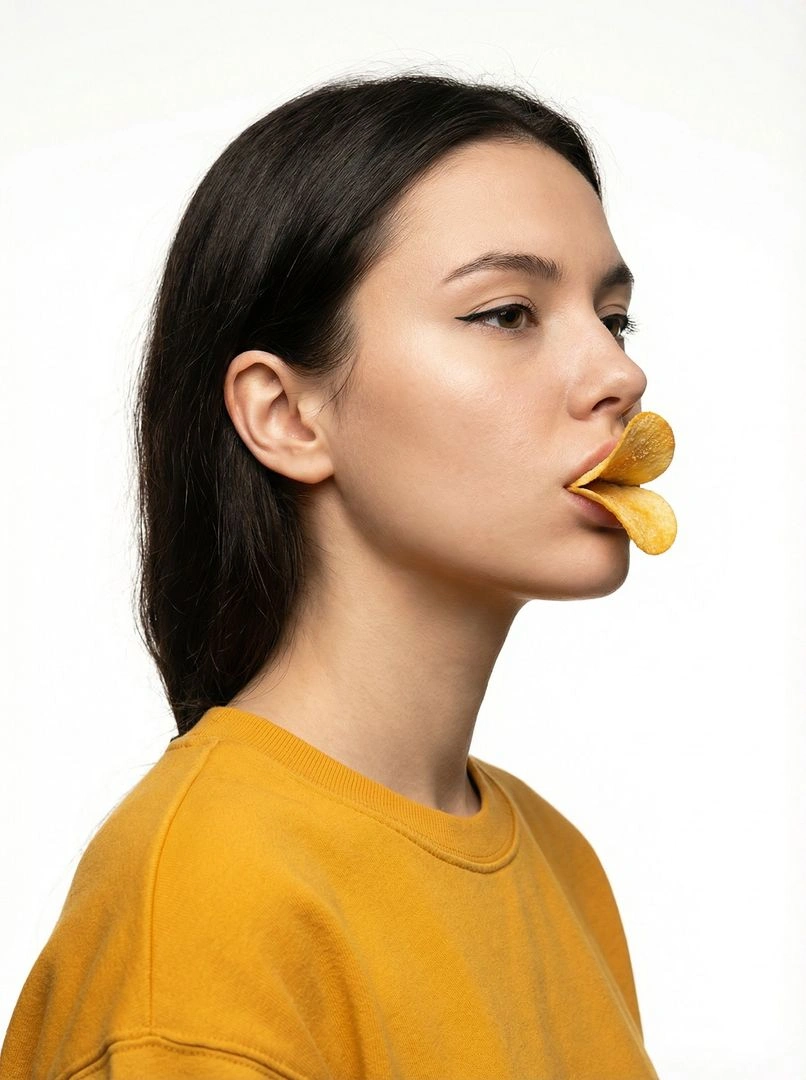 Duck Lips Made of Pringles: Photorealistic Editorial Portrait