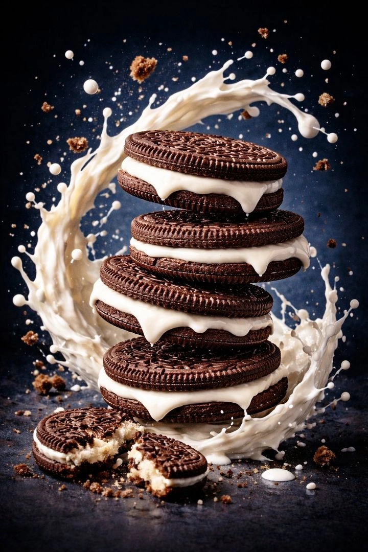 Dynamic Stacked Biscuits with Milk Splash in Cinematic Lighting - Example 1