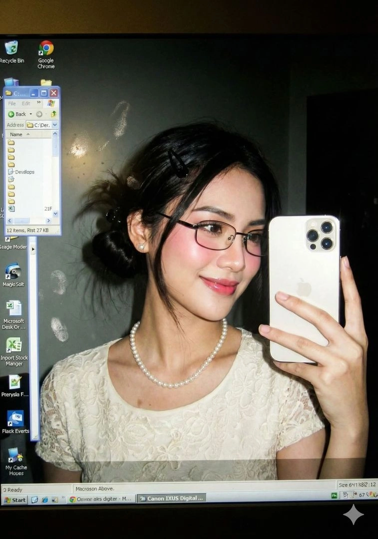 Early 2000s digital camera flash selfie of a young woman in a dark room - Example 1