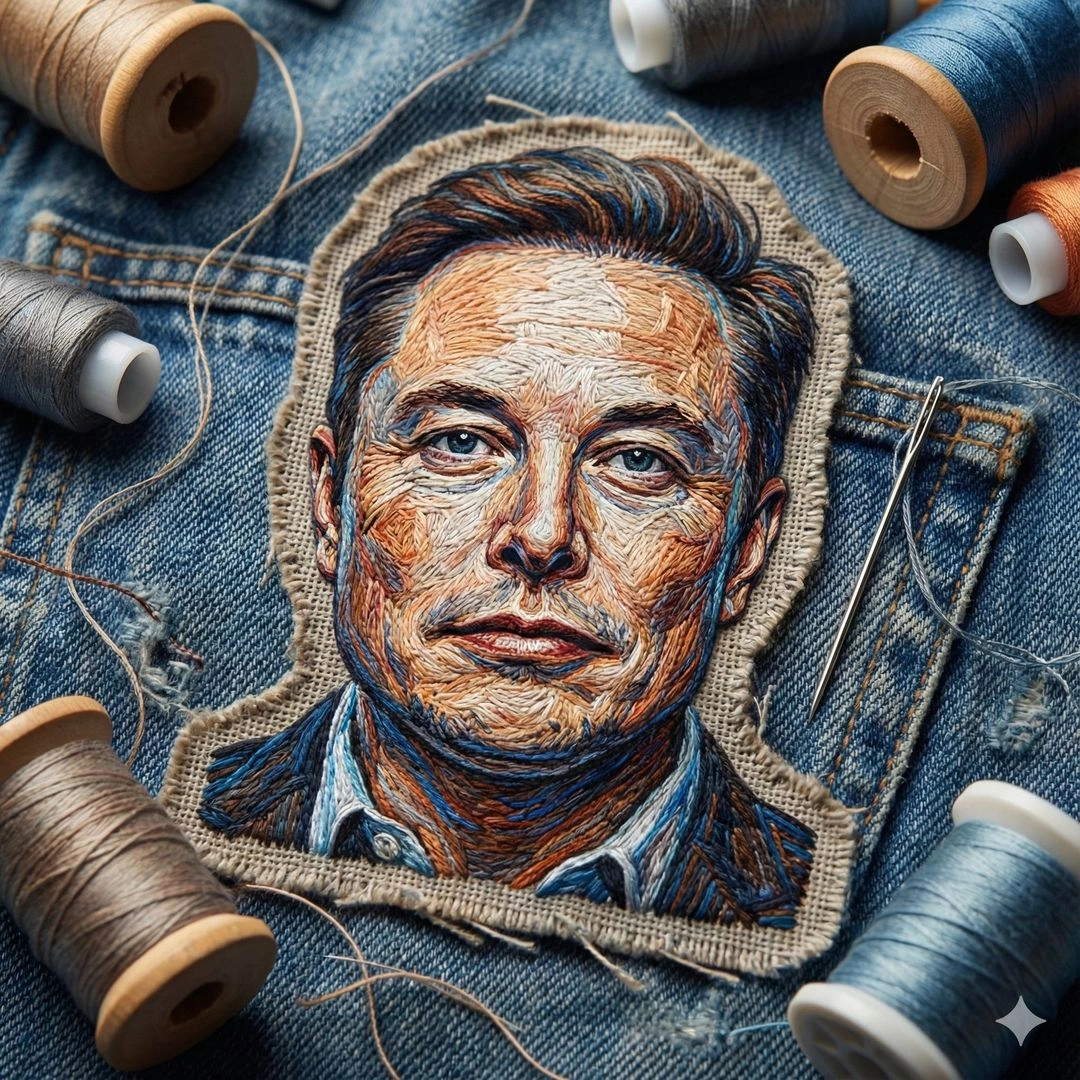 Embroidered Portrait Patch on Denim with Macro Detail