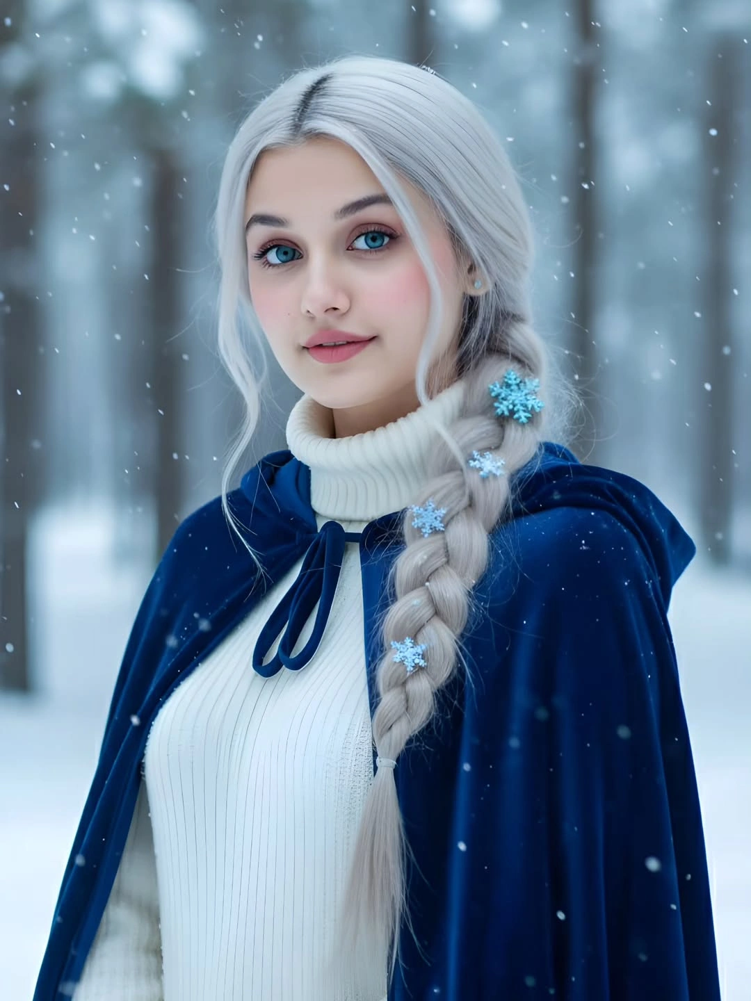 Ethereal Winter Portrait with Snowflake-Adorned Braid