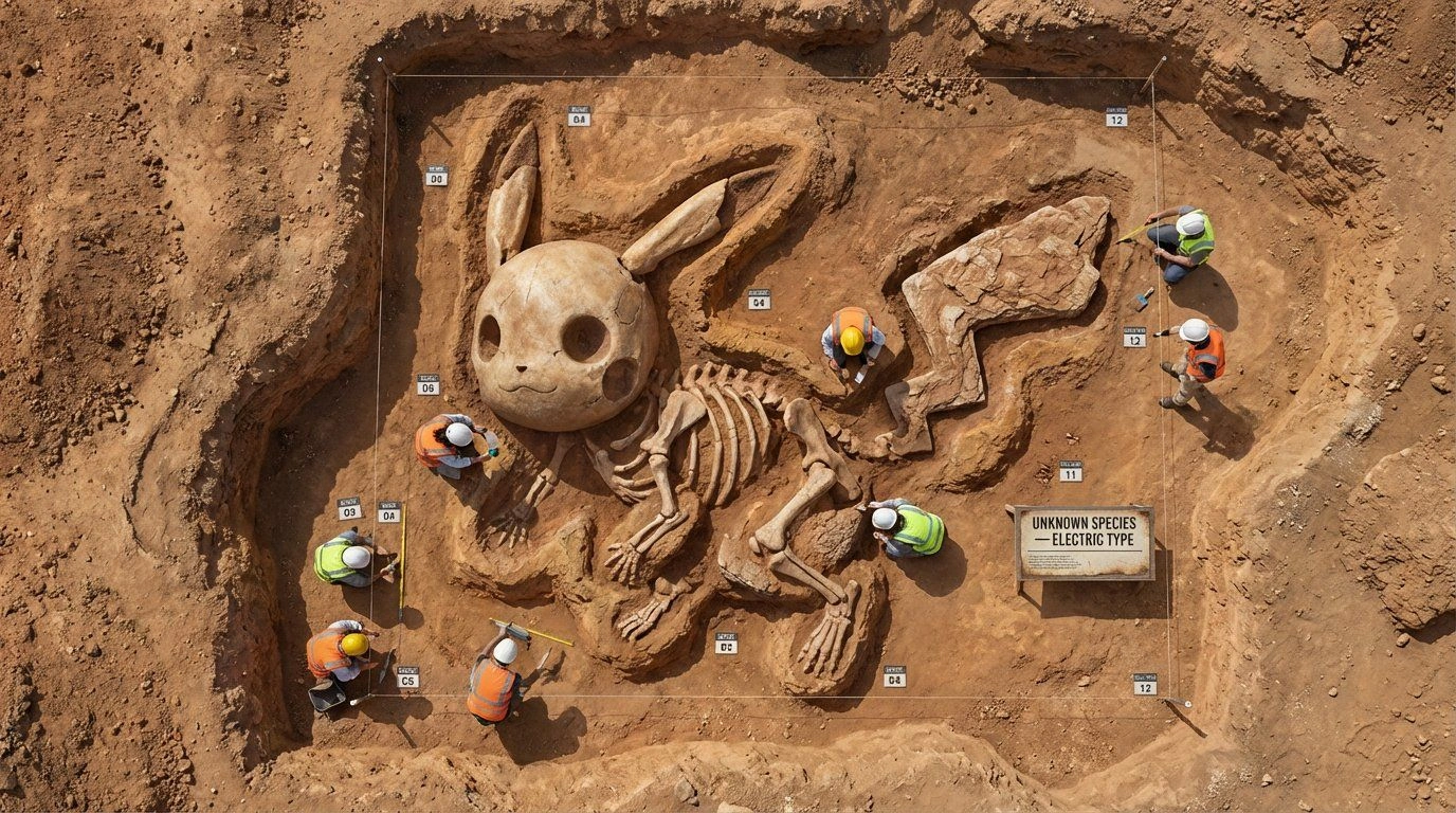 Fossilized Pikachu Skeleton at Archaeological Dig Site - Example 1