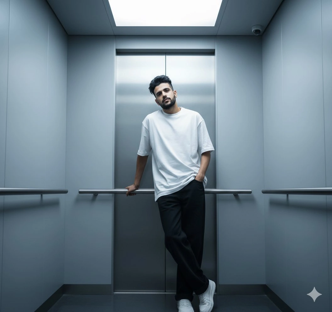 Futuristic Fashion Portrait in Minimalist Elevator