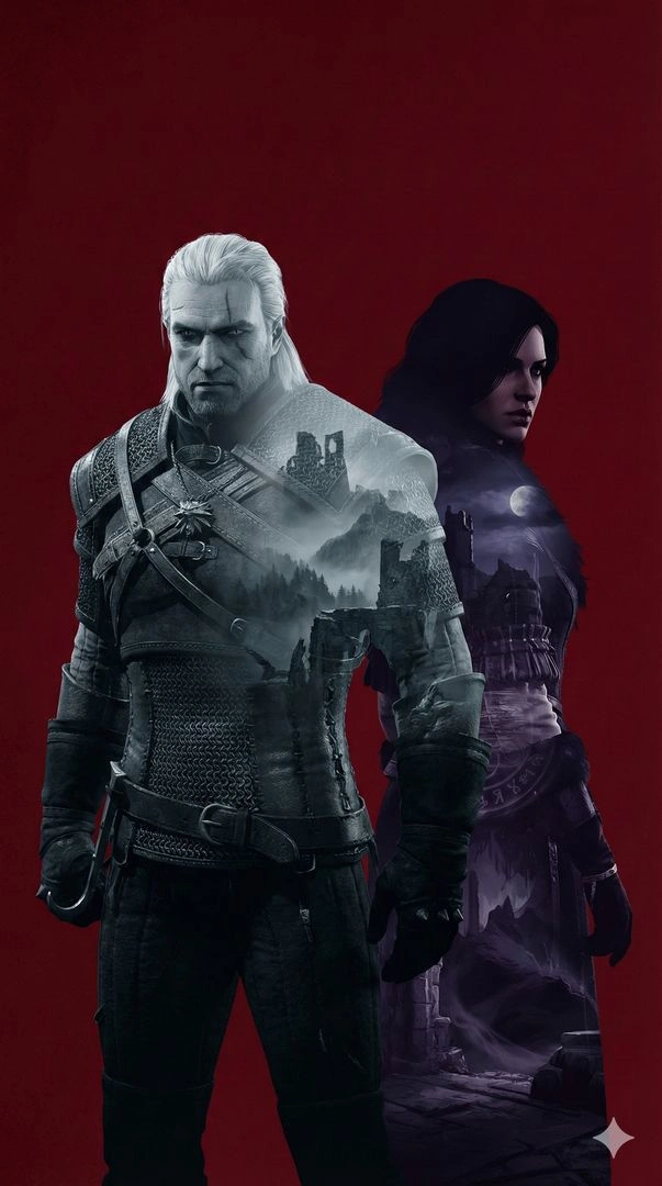 Geralt and Yennefer Double Exposure Dark Fantasy Wallpaper - Example 1