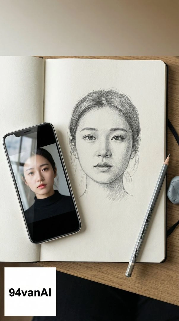 Hyper-realistic 3D graphite pencil sketch of a Chinese idol girl with iPhone reference - Example 1