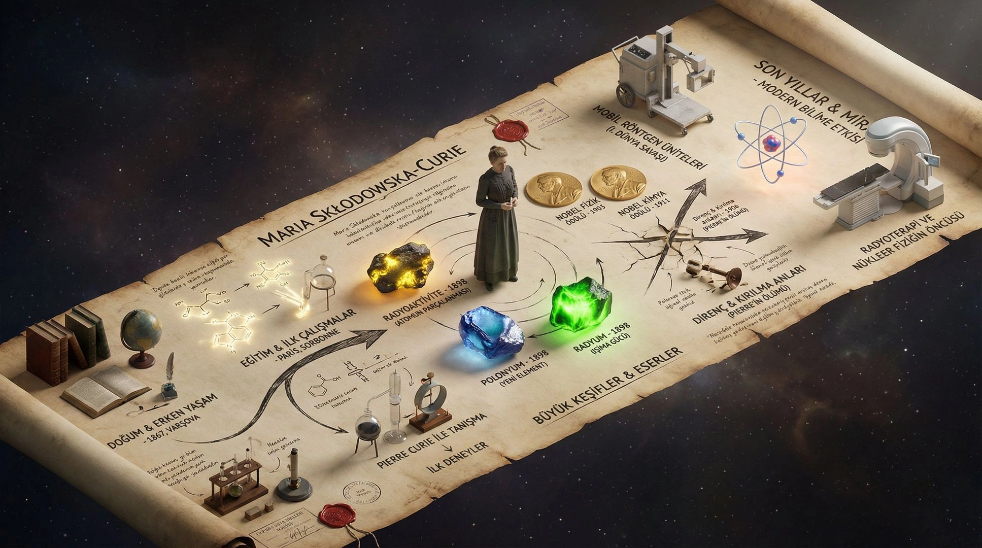 Hyper-realistic 3D isometric timeline of a scientist's life on an aged parchment scroll - Example 1