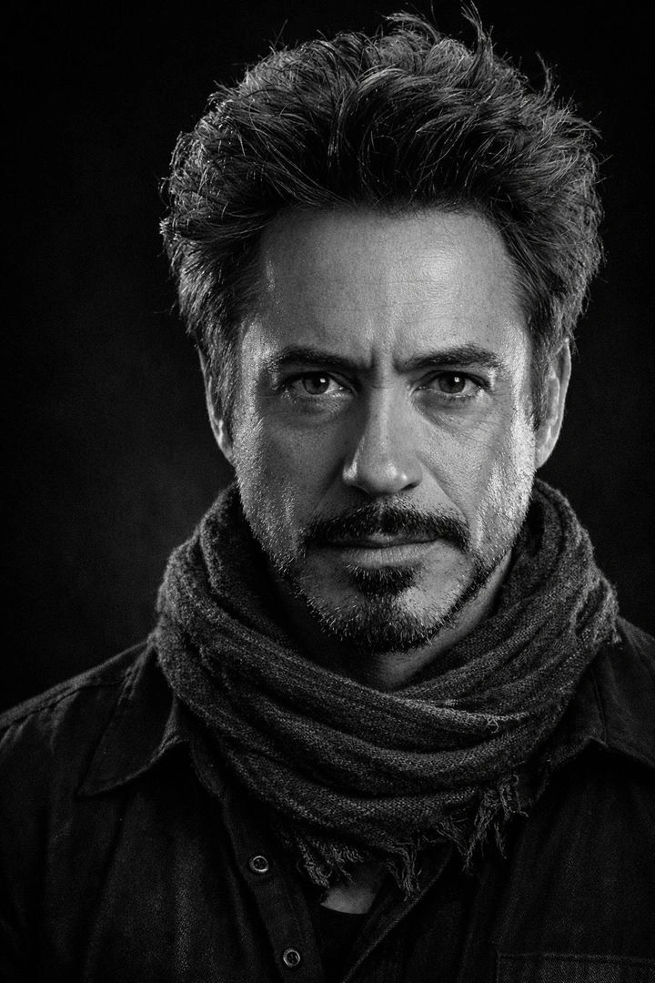 Hyper-realistic black and white portrait with fixed attire and dramatic lighting