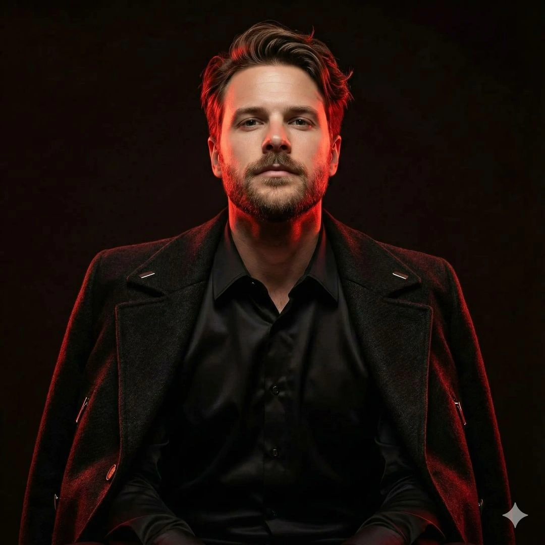 Hyperrealistic cinematic fashion portrait with red lighting - Example 1