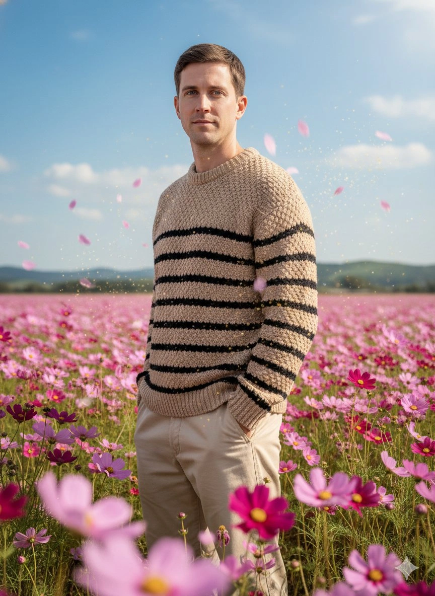 Hyperrealistic Portrait in Blooming Cosmos Field with Floating Petals