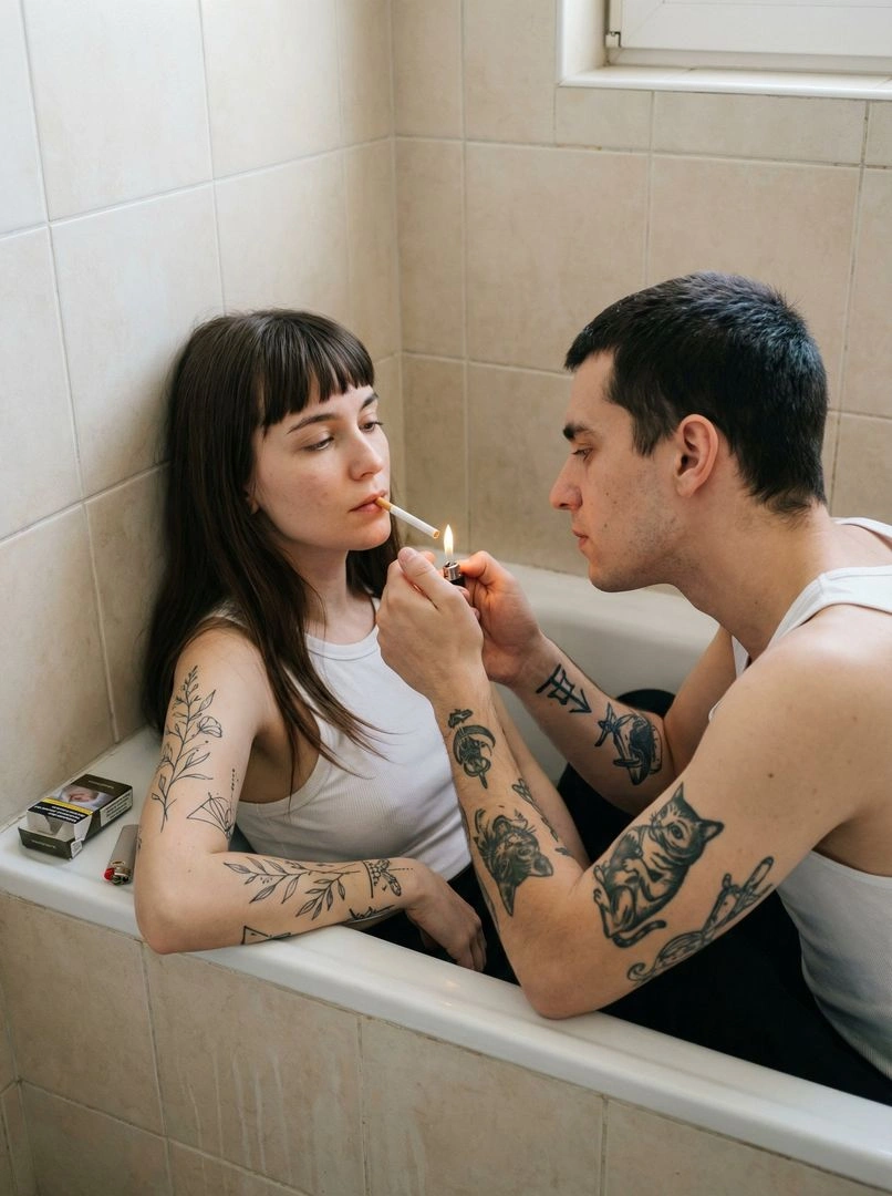 Intimate Bathroom Moment with Two Subjects