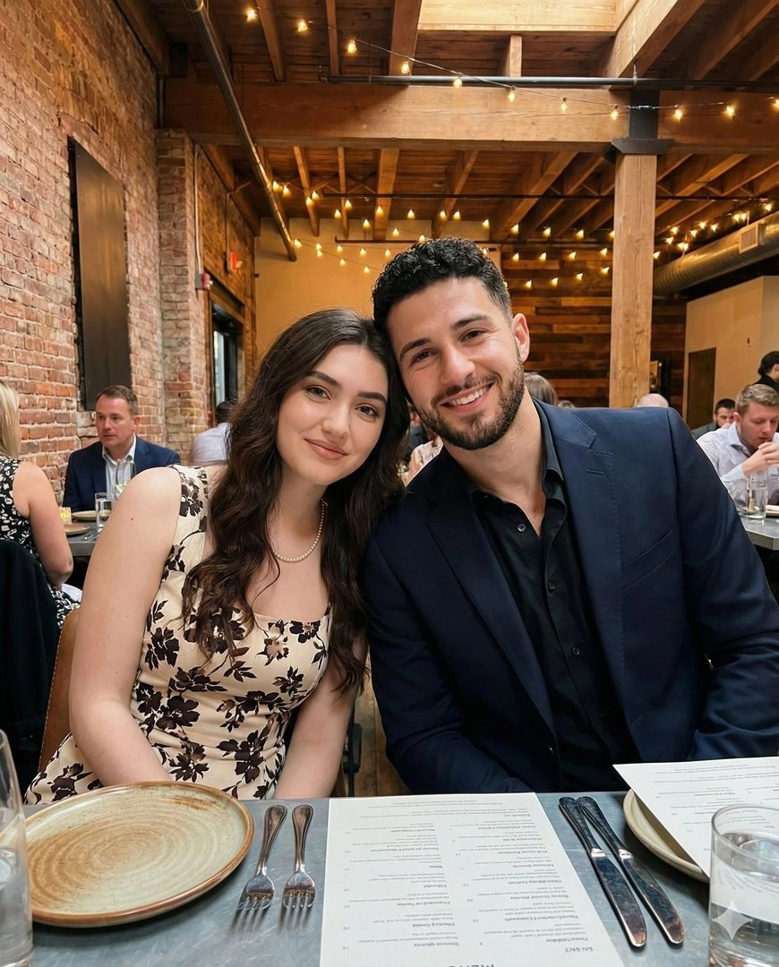 Intimate Couple at Industrial-Chic Restaurant Dinner