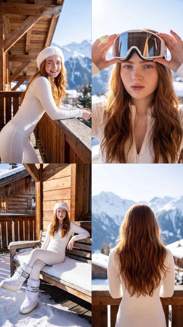 Luxury Ski Influencer Collage with Sadie Sink Reference