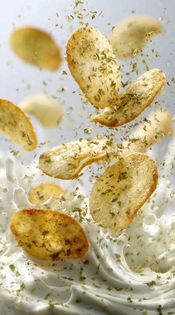 Macro Slow-Motion Cinematic Shot of Floating Chips with Cream Splashes