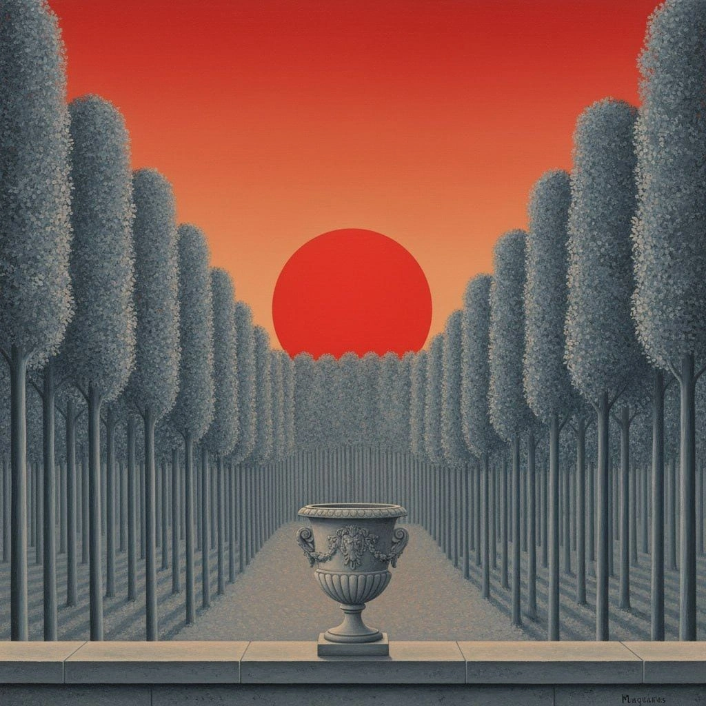 Magritte-Inspired Surrealist Painting with Red Sun and Stone Wall