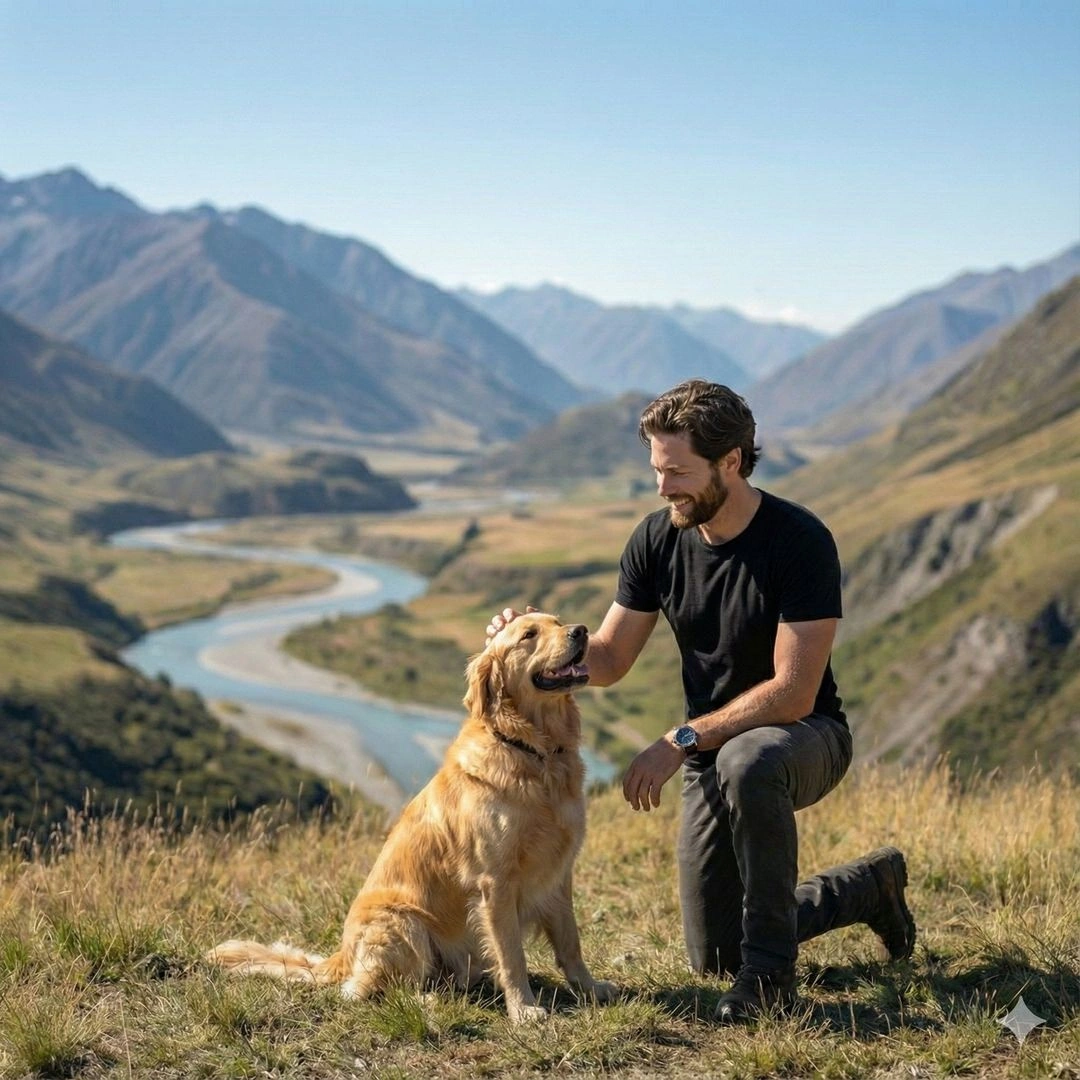 Man in Black Sweater Seated on Grassy Hillside with Mountain View