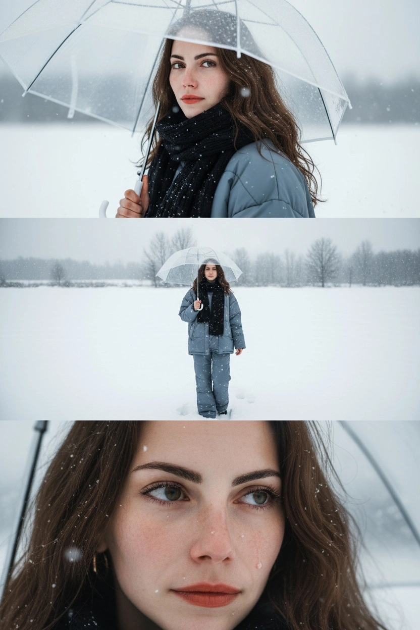 Melancholic Figure in Snowy Isolation Triptych - Example 1