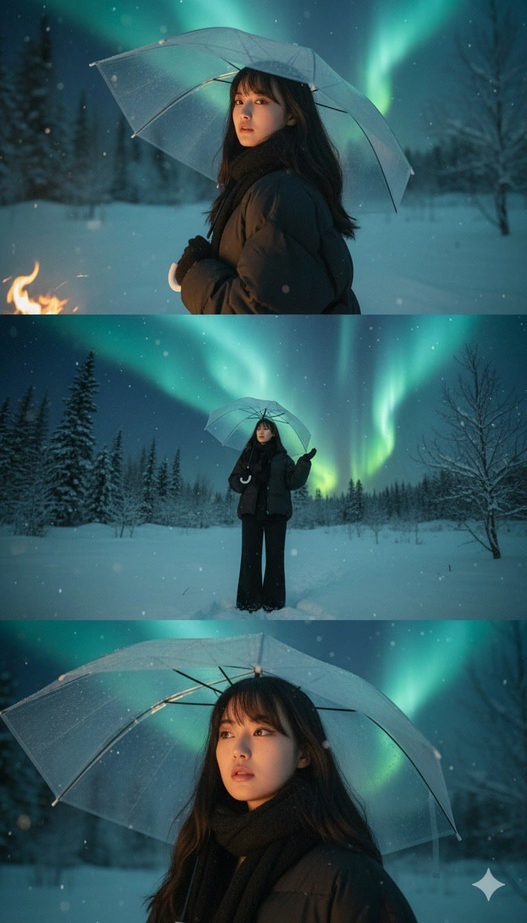 Melancholic Winter Triptych with Aurora Borealis