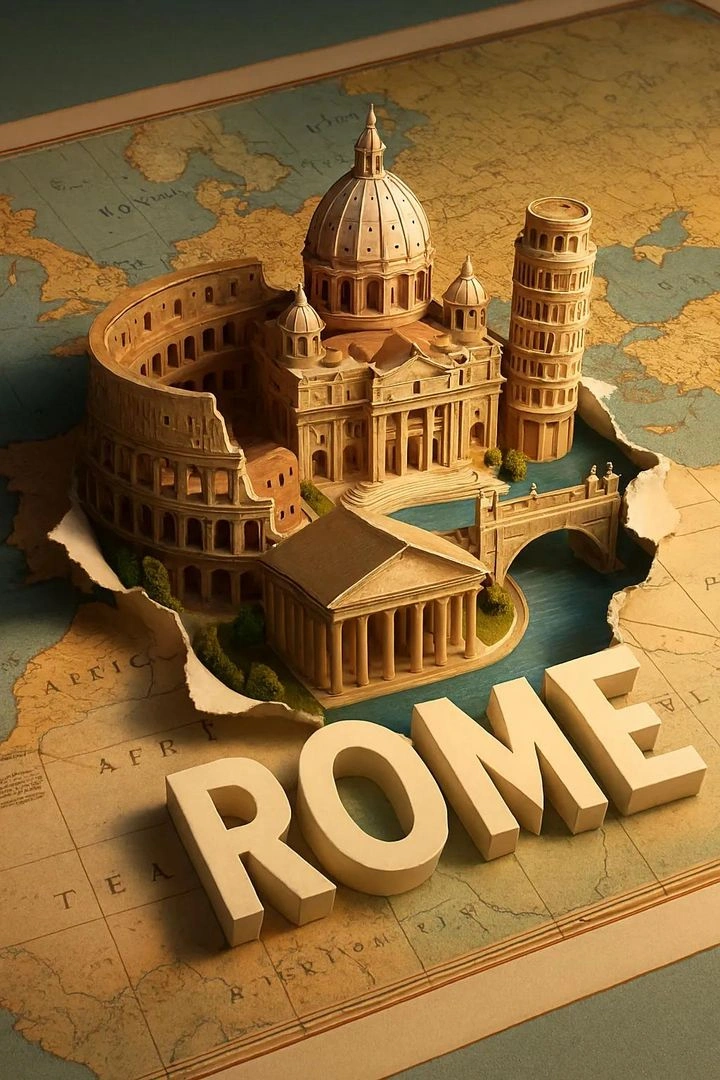 Miniature 3D City Model Emerging from Torn World Map Poster - Example 1