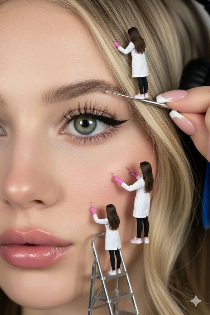 Miniature Doctors Maintaining a Hyper-Realistic Woman's Face - Example 1