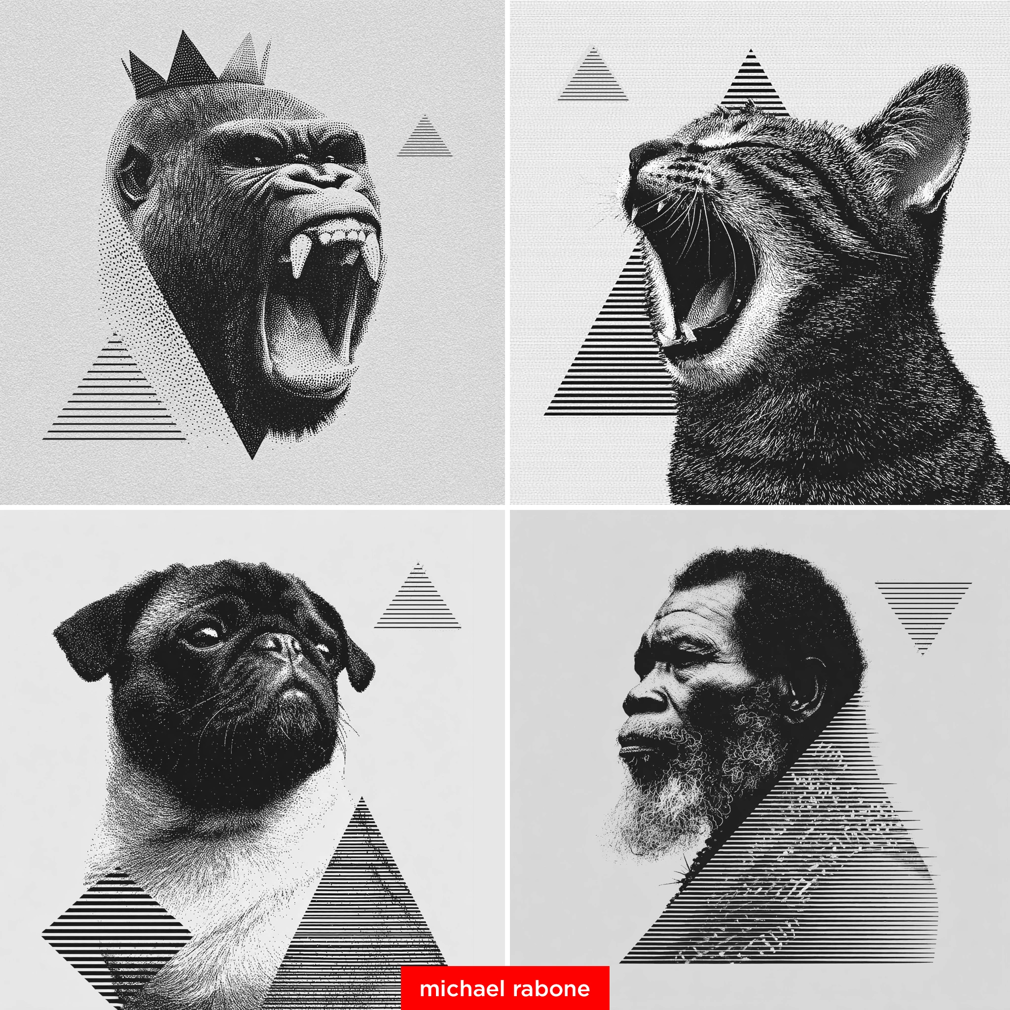 Monochrome Halftone Offset Print Design with Geometric Shapes - Example 1