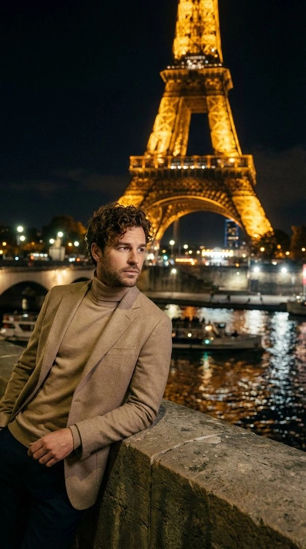 Moody Paris Night: Man on Bridge with Eiffel Tower