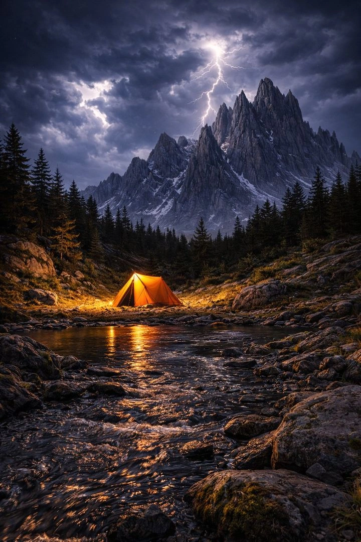 Nighttime Alpine Landscape with Expedition Tent and Storm Clouds - Example 1