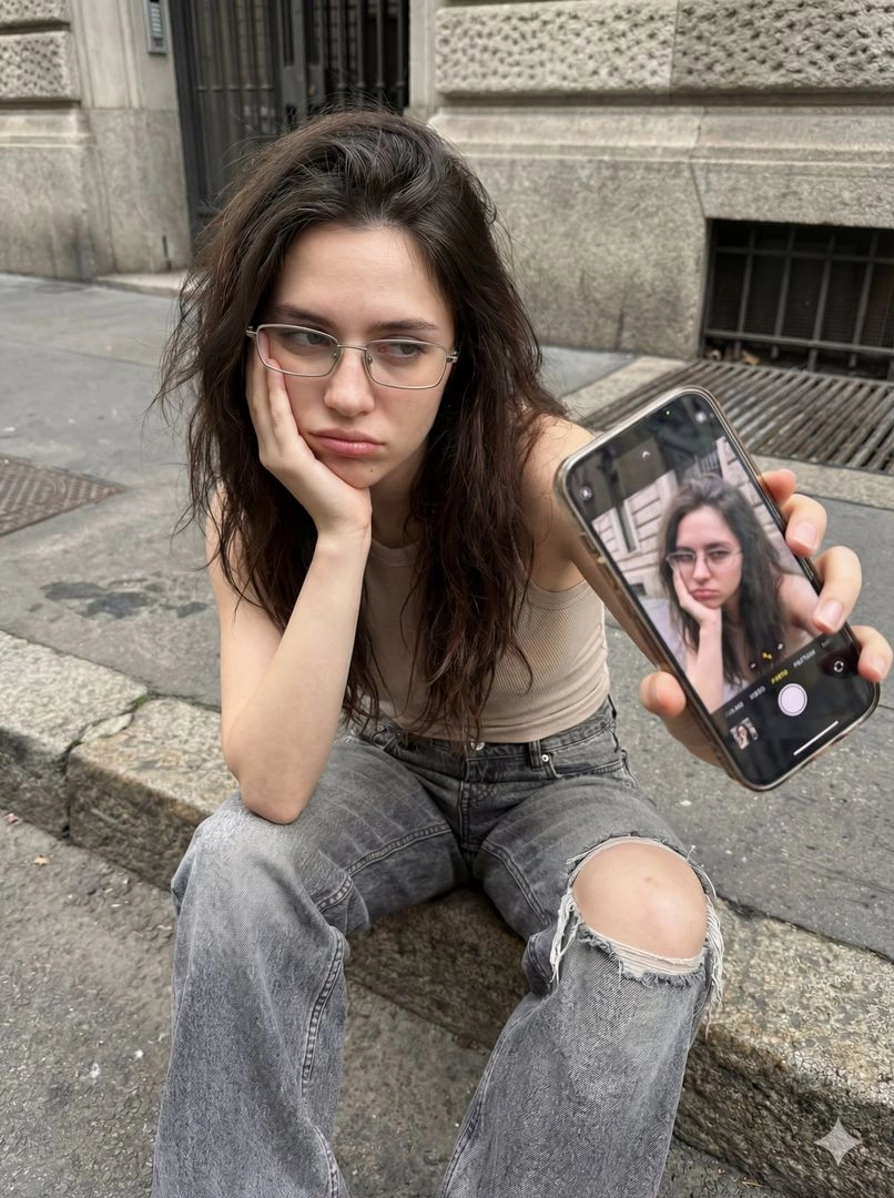 Off-Duty Model on Urban Curb with Smartphone Selfie