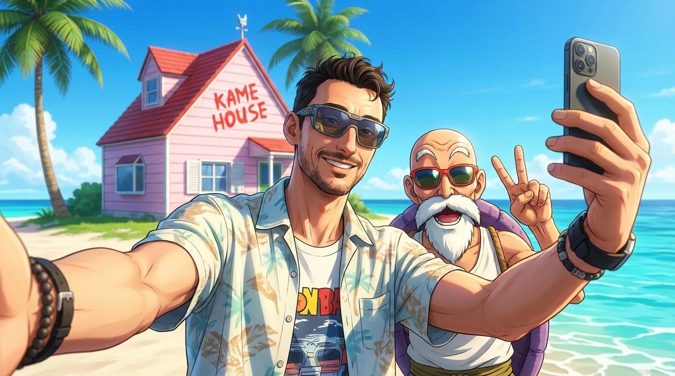 Selfie with Master Roshi at Kame House in Anime-Realistic Style