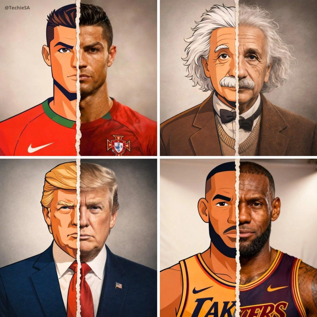 Split Portrait: Cartoon to Realistic Transition - Example 1