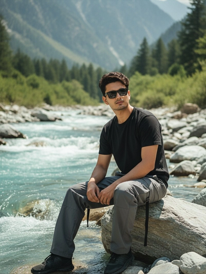 Stylish Man by Turquoise River in Mountain Valley