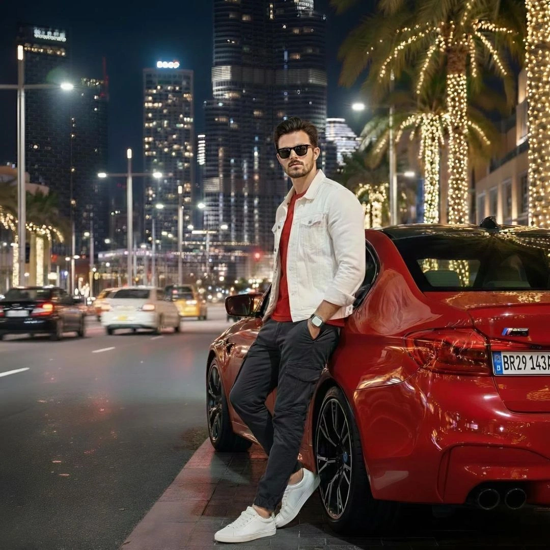 Stylish Man with Red BMW in Cinematic Night City Scene - Example 1