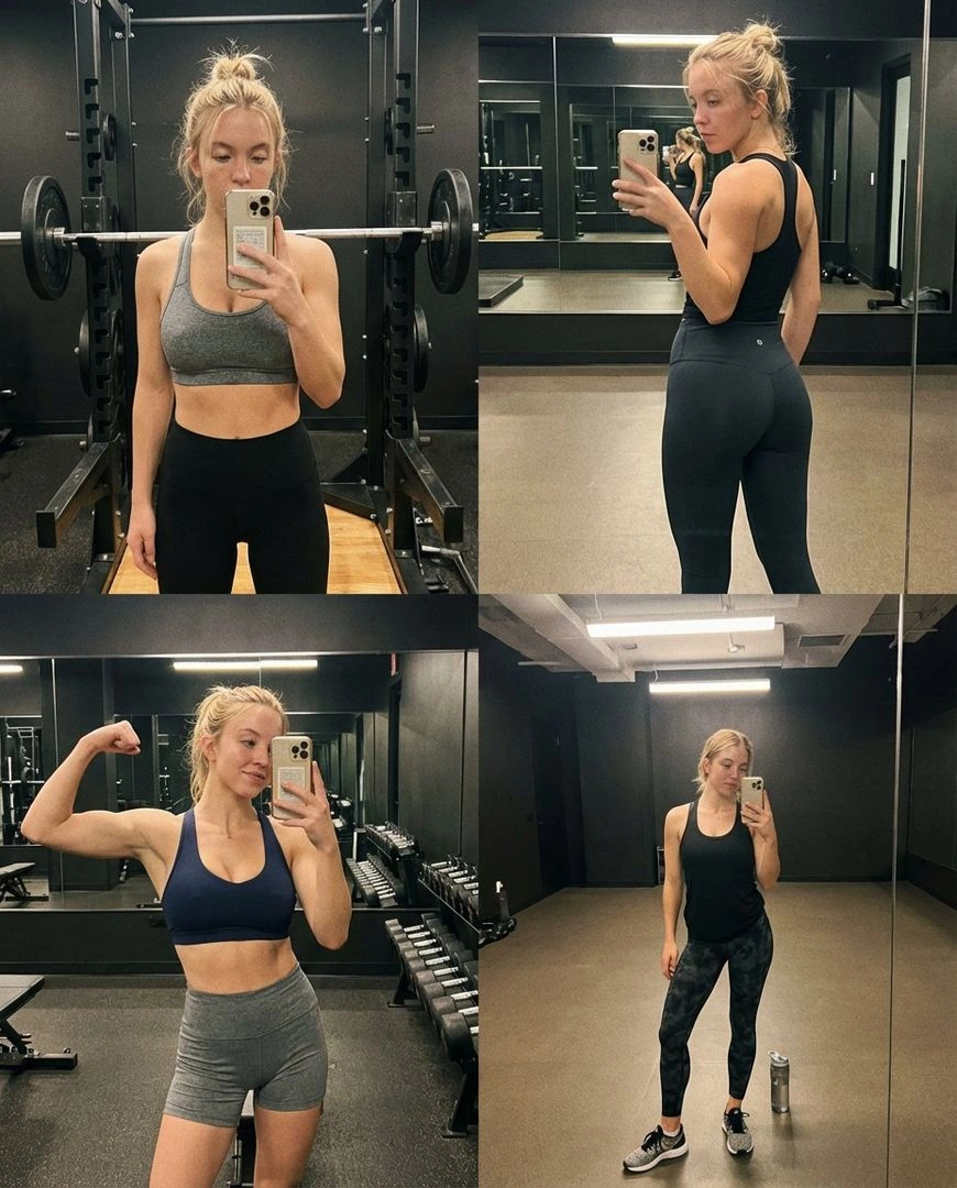 Sydney Sweeney Gym Selfie Collage in 2x2 Grid - Example 1