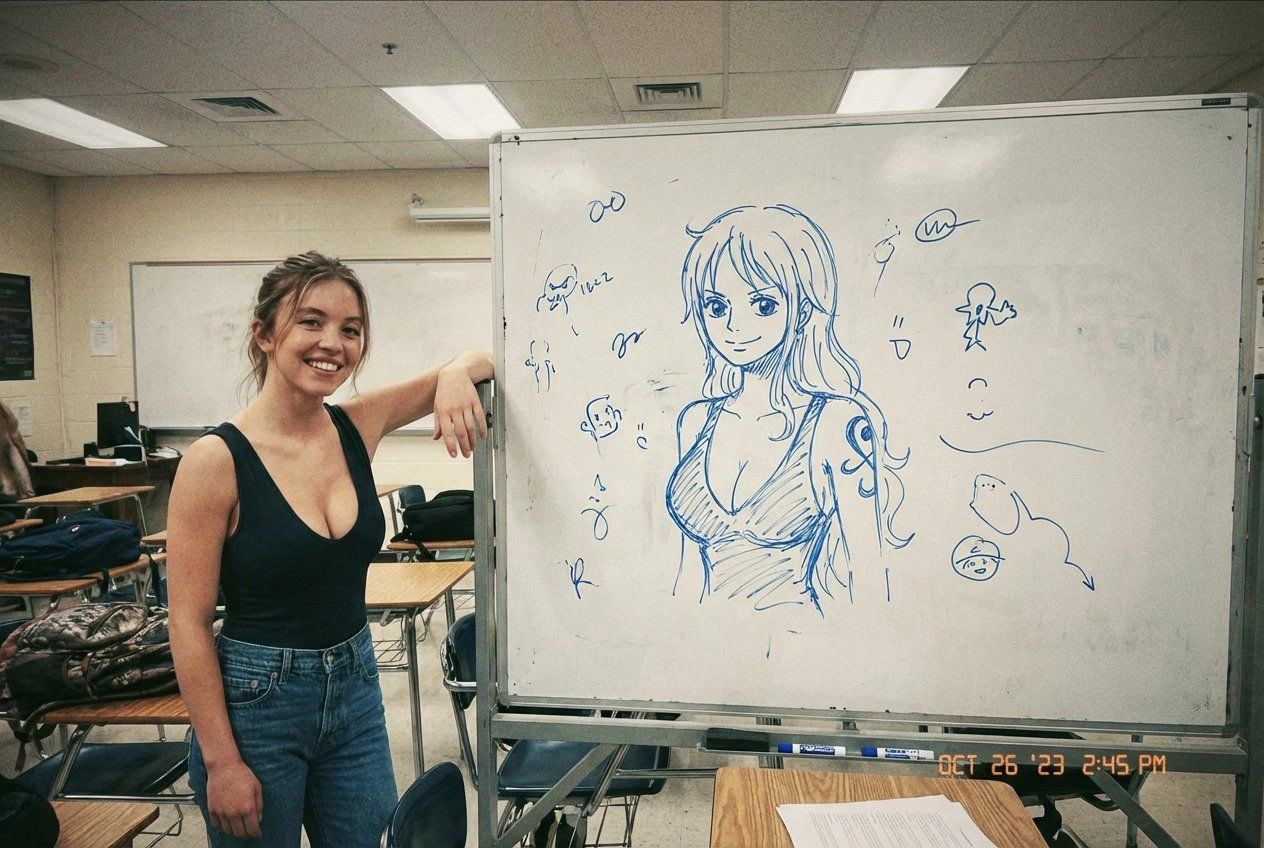 Sydney Sweeney with Nami sketch in classroom