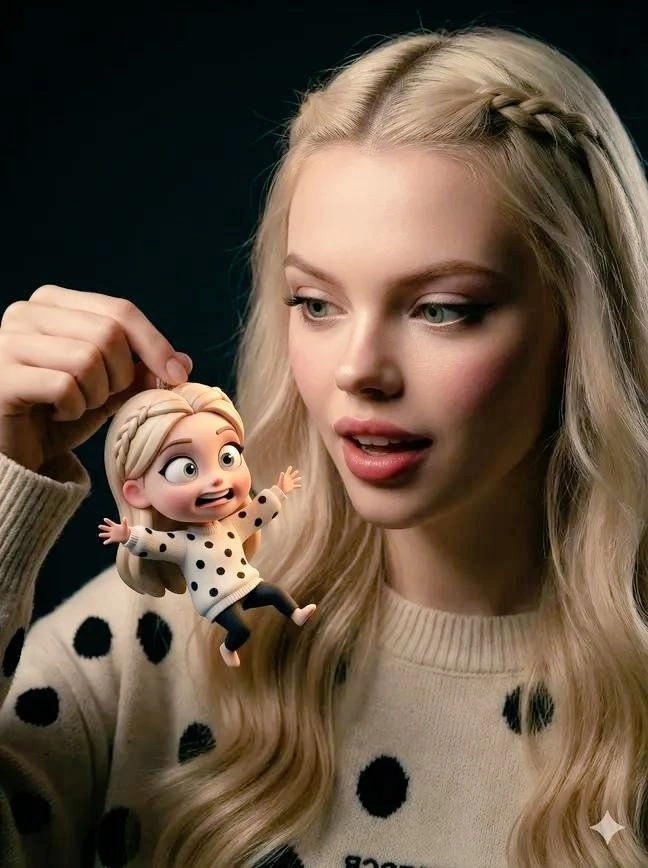 Ultra-realistic portrait holding tiny 3D cartoon self - Example 1