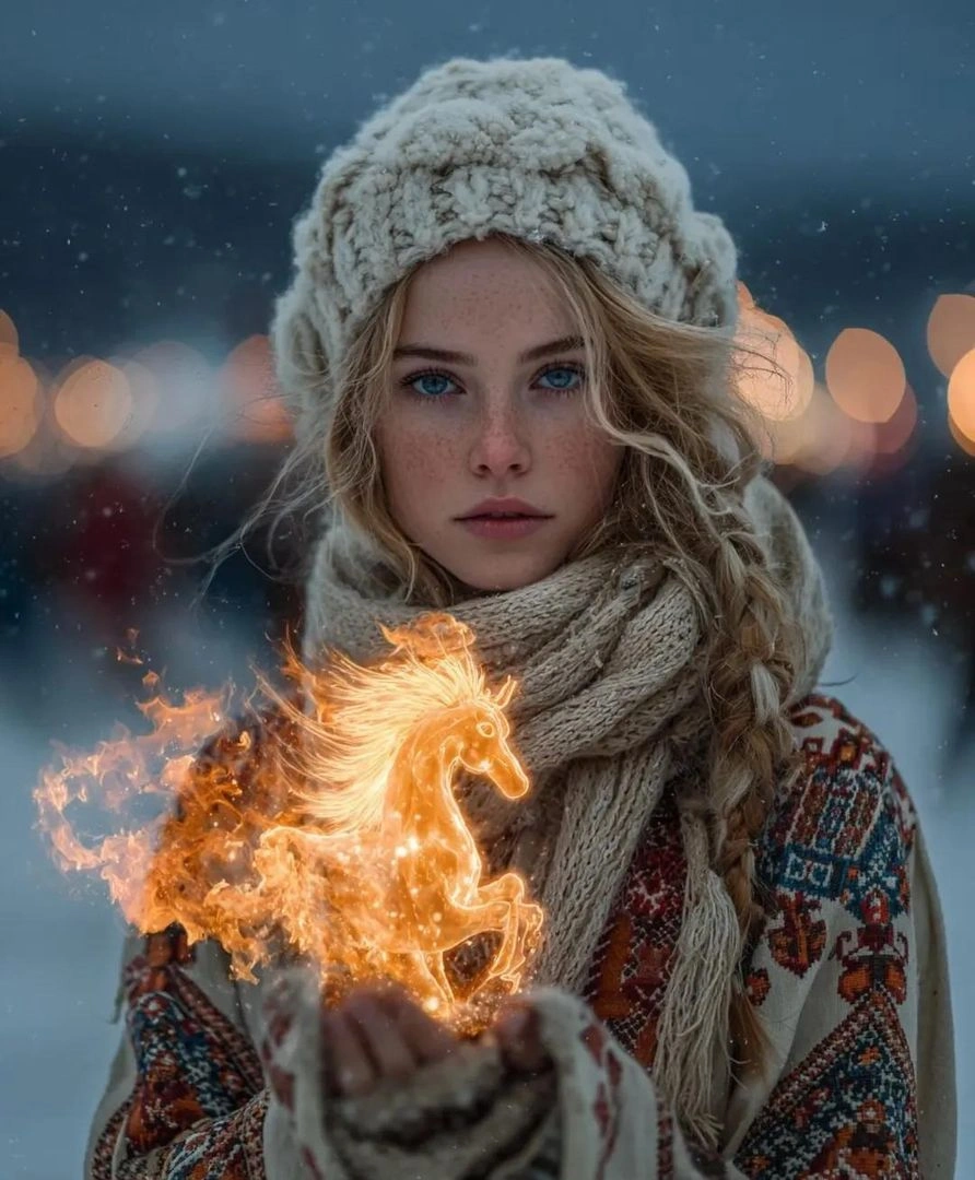 Winter Fire Mage Conjuring a Flame Horse in Snowy Landscape