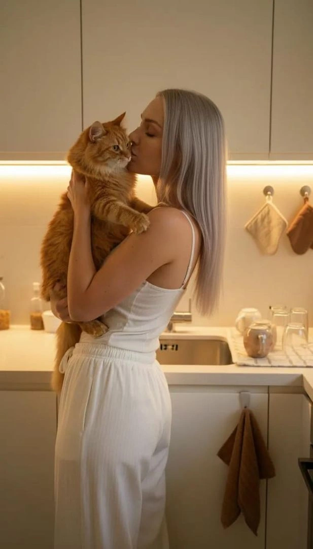 Woman Kissing Ginger Cat in Modern Kitchen
