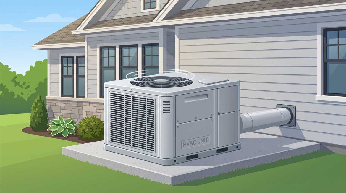 Illustrated all-in-one packaged HVAC unit installed outdoors on a concrete pad beside a home, with a single duct connecting it through the exterior wall
