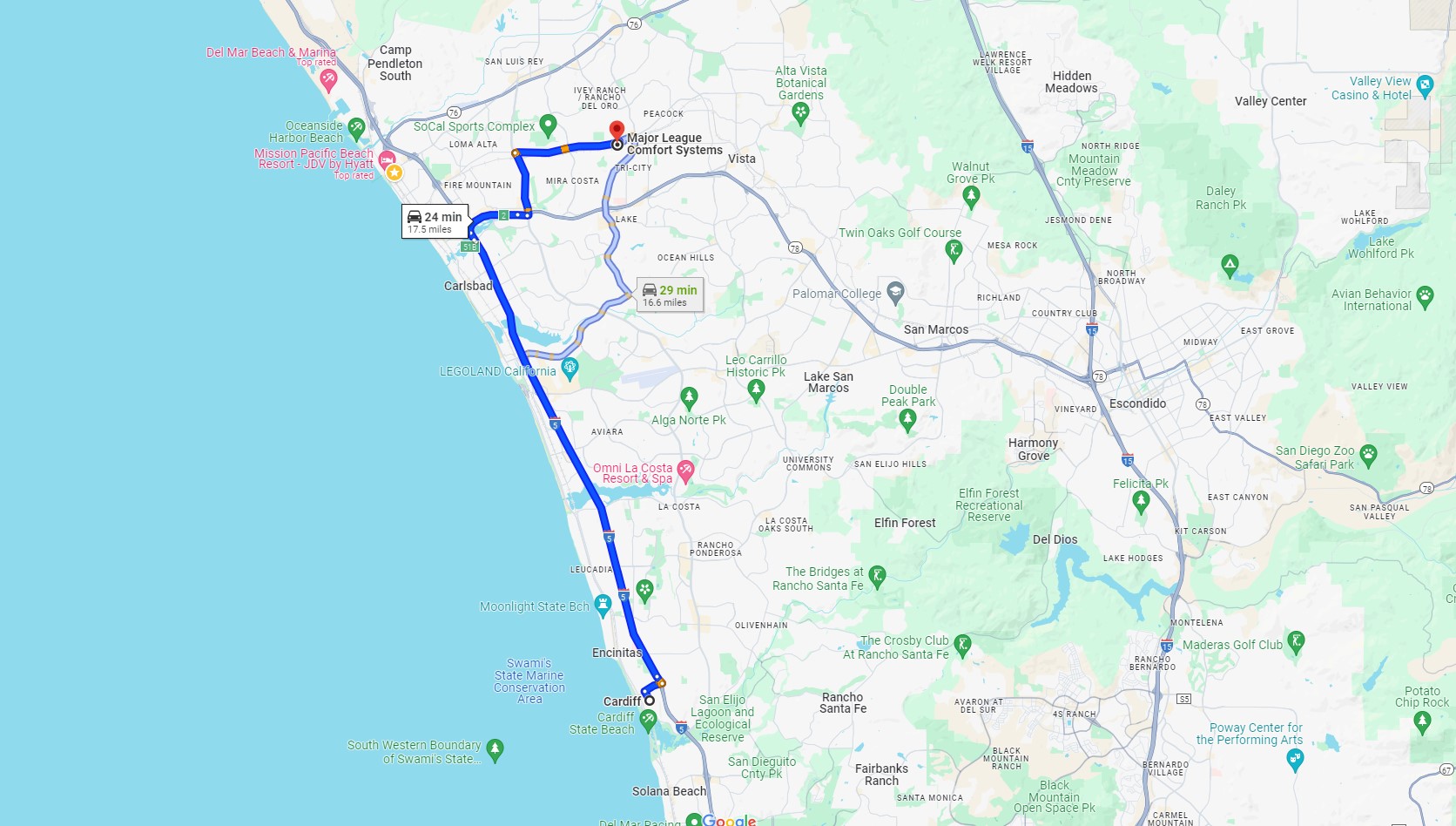 Directions from Cardiff CA to Major League Comfort Systems Heating and Air