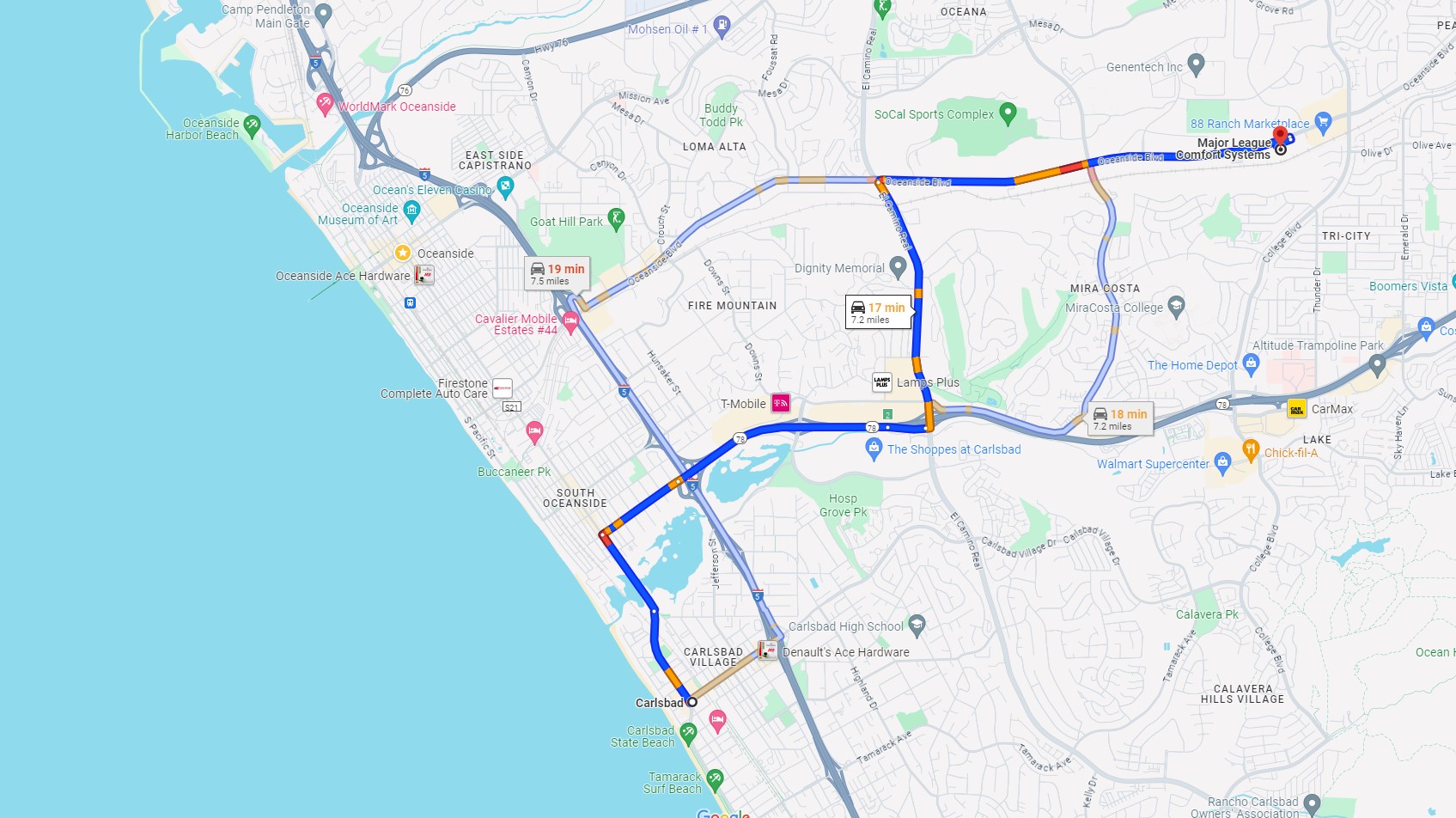 Directions from Carlsbad CA to Major League Comfort Systems Heating and Air